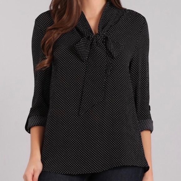 Tops - NWT Black Polka Dot Tie Neck Blouse